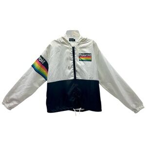 VTG POLAROID Jacket Adult Large Nylon Full Zip Hooded‎ Windbreaker Lined White